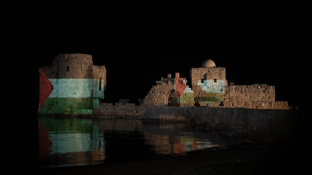 Sidon Castle Illuminated with the Colors of the Palestinian Flag on Land Day, an Initiative by the Global Campaign to Return to Palestine